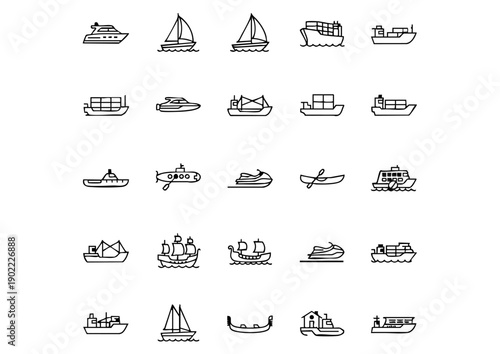 Modern Maritime Vessel Vector Collection, Minimalist Nautical Transport & Boat Icon Set, Black & White Linear Ship & Yacht Symbols