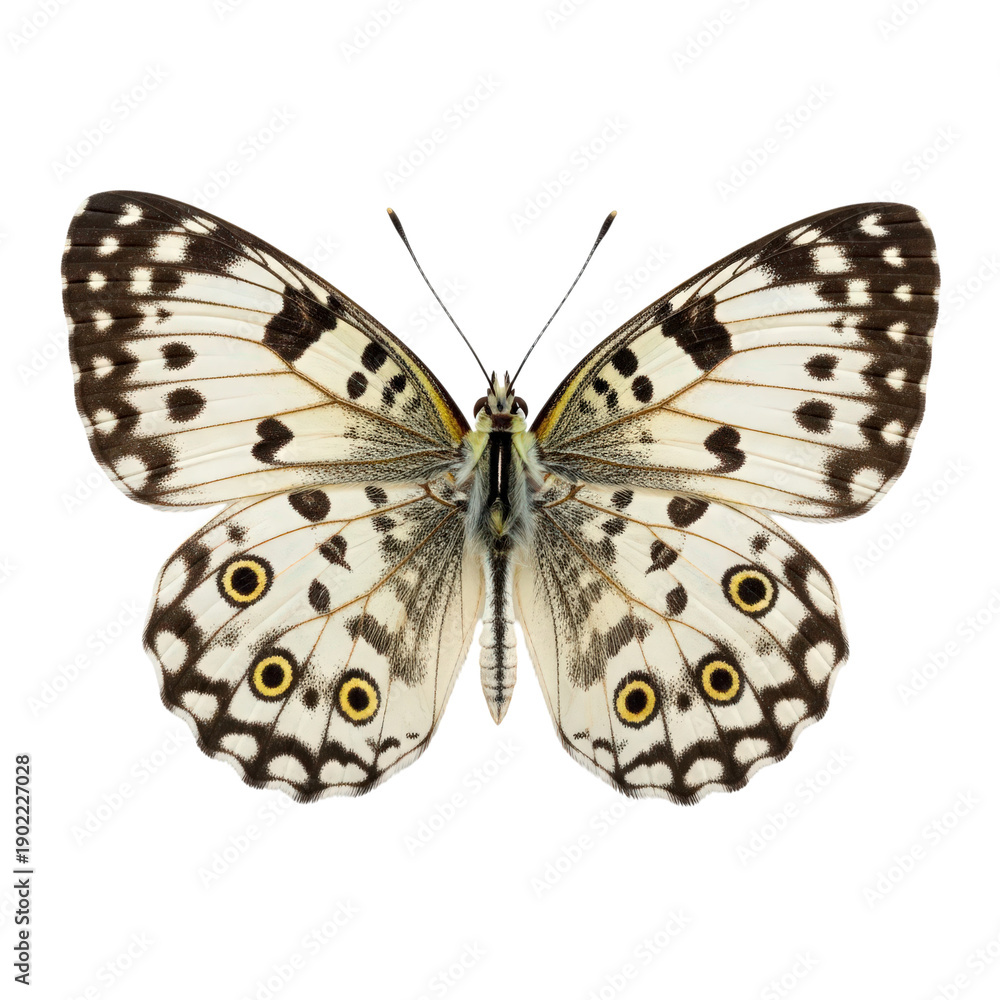 Fototapeta premium A close-up view of a speckled butterfly with intricate wing patterns perched gracefully. isolated on transparent background