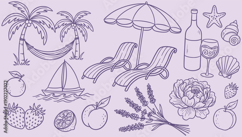 Hand-drawn summer vacation collection. Doodle illustrations of tropical beach items, leisure, fruits, drinks, and flowers for travel and relaxation themes