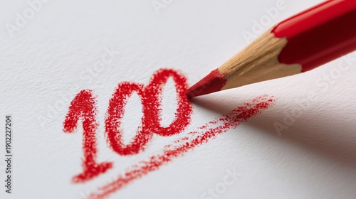 Perfect Score Hand-Drawn on Paper. Handwritten number 100 with red pencil on white paper representing score or percentage isolated on white background