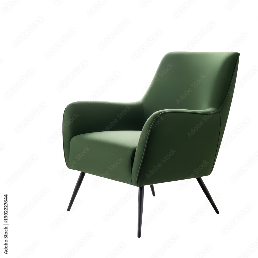 Fototapeta premium Elegant mid-century modern green armchair with sleek black metal legs isolated on transparent background