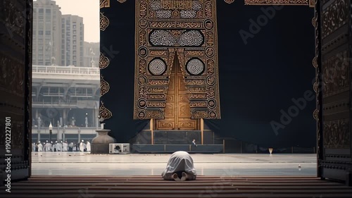 Pilgrim Prostrating in Prayer Before the Holy Kaaba in Mecca Saudi Arabia