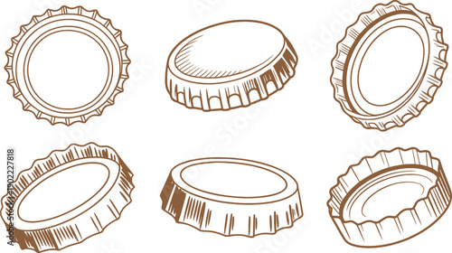 Vintage Bottle Caps Line Art Collection Metal Crown Caps Illustration.