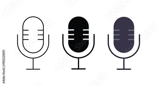 Different Styles of Microphone Icons Representing Audio Recording and Communication Design Variations Black White and Purple Versions