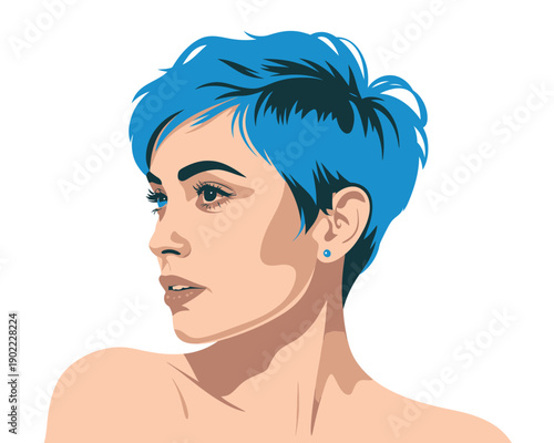 A vibrant woman with short blue hair and a stylish earring looks to the side with confidence and poise.