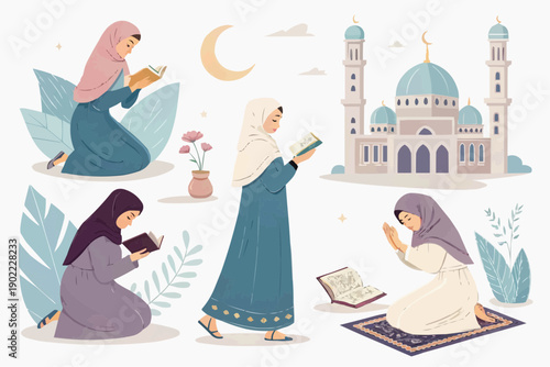Elegant muslim women praying and reading quran in various serene islamic settings with mosque