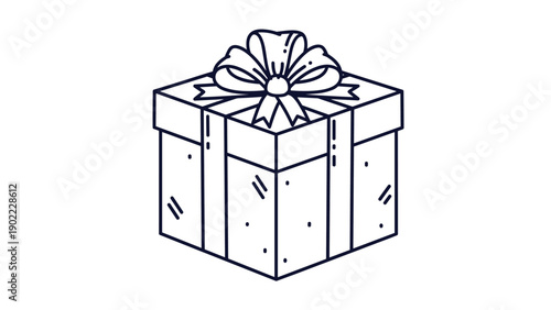 Simple line drawing of a square gift box wrapped with a large decorative bow on top for christmas or birthday celebrations.
