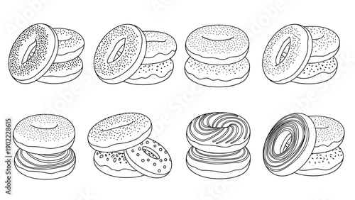 Assorted hand drawn sketches of bagels and donuts with various toppings like poppy seeds and sprinkles for bakery menu design.