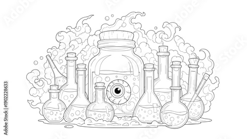 Complex fantasy line art drawing showing various potion bottles and a large jar containing a realistic eye surrounded by smoke.