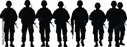 Armed military soldiers silhouette standing together in formation, symbolizing defense strength, security readiness, combat unity, and national protection concept illustration