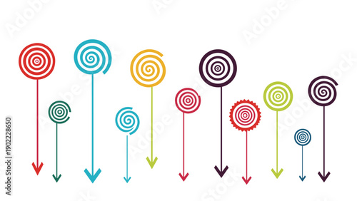 Row of colorful abstract spiral symbols on long vertical stems with arrowheads pointing down representing data or infographics.