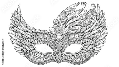 Intricate ornate masquerade mask coloring page featuring detailed feather and swirl patterns for adult relaxation and creativity.