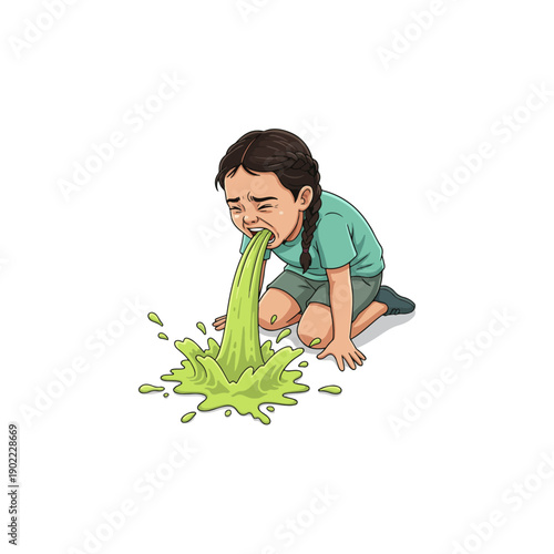 Young Girl Vomiting Green Liquid on Floor.
