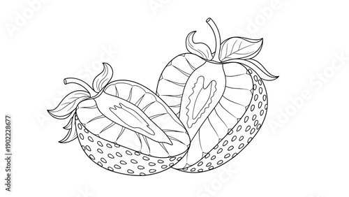 Realistic hand drawn line art illustration of two strawberries with one sliced in half to show the internal texture and seeds.