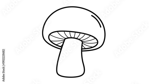 Minimalist black and white line drawing of a single edible mushroom with a large cap and thick stem on a white background.