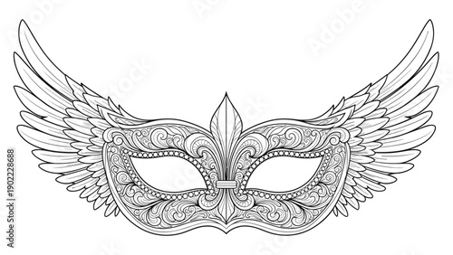 Detailed line art drawing of a fancy masquerade mask with large spreading wings and intricate floral patterns for coloring.