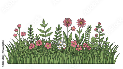 Bright colorful illustration of various wildflowers and lush green grass growing together in a vibrant garden meadow scene.