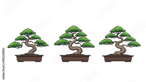 Set of three pixel art style bonsai trees in brown rectangular pots with lush green foliage on a clean white background.