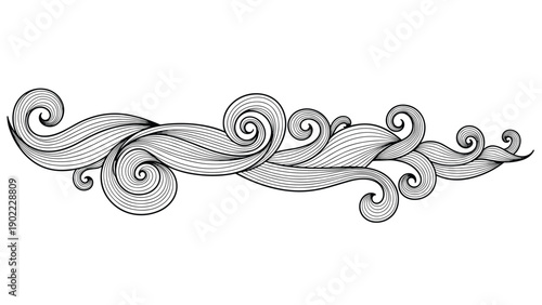 Ornate horizontal scroll border design featuring intricate curls and wave patterns in a traditional engraving line art style.