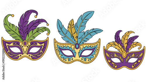 Three colorful carnival masks decorated with vibrant feathers in purple, green, yellow, and blue for mardi gras or masquerade balls.