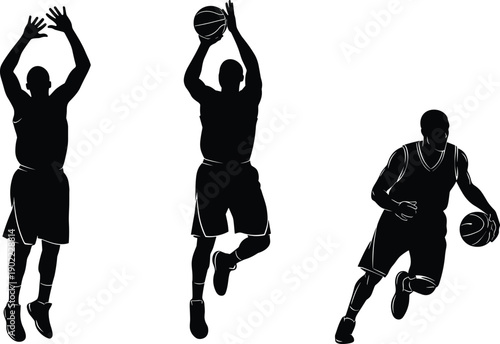 Basketball player silhouette set showing dribbling, jumping, and shooting actions in dynamic sports motion for competition, training, and athletic design use