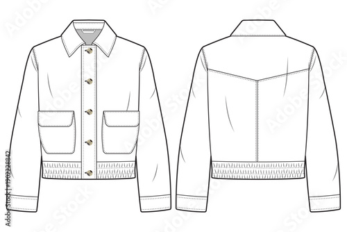 boxy jacket technical fashion template. flat sketch man long sleeve jacket,  elastic wristband boxy jacket, buttons up, front and back, cad mockup.