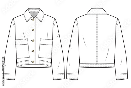 man long sleeve boxy jacket technical fashion template.  flat sketch oversized man jacket, front and back, button up, colour, CAD mockup.