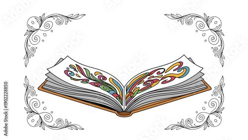 Open book with colorful abstract patterns on the pages is framed by ornate black corner flourishes to symbolize creativity and artistic literature.
