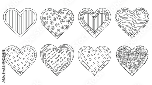 Set of eight unique hand drawn heart designs with intricate patterns and borders offers a creative coloring activity for valentines day or romance.