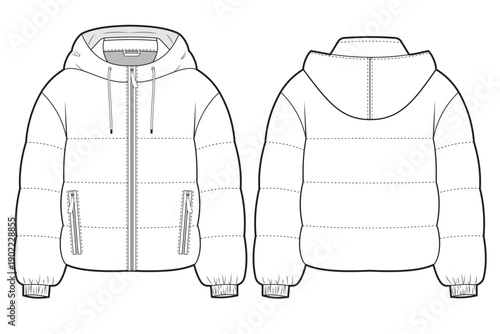 Western hooded puffer jacket technical fashion template.  flat ketch padded jacket design, front and back, zipper, pockets, CAD mockup.