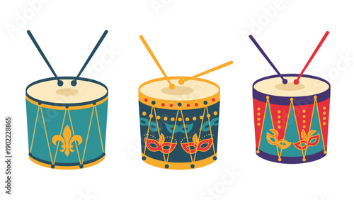 Three colorful festive drums decorated with masks and fleur de lis symbols represent the vibrant spirit of Mardi Gras and carnival celebrations.