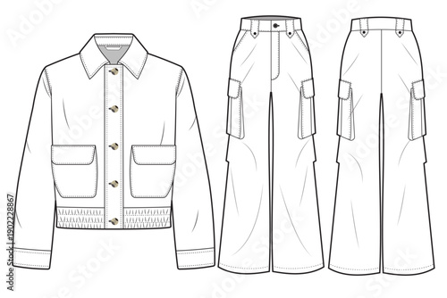 men long sleeve  boxy jacket technical fashion template. flat sketch baggy cargo trouser template, technical cad drawing, buttons up, wide leg, wristband,  CAD mockup.