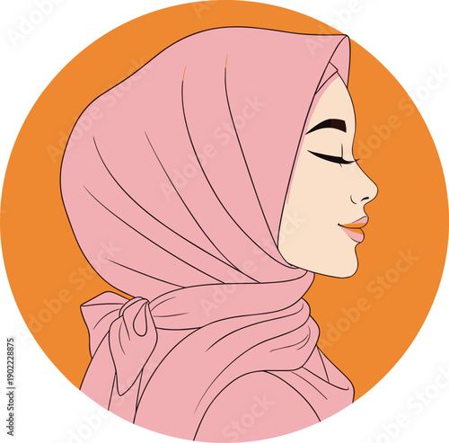 Elegant profile portrait of young Muslim woman wearing pink hijab, minimalist illustration, beauty, fashion, cultural identity, and modest lifestyle concept