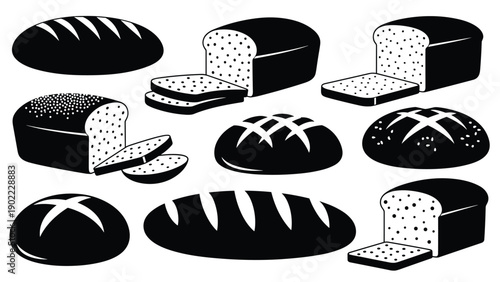 Black silhouettes of various bread types including whole loaves and sliced portions represent different bakery products like rye wheat and sourdough.