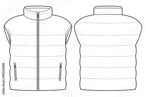 sleeveless puffer vest template. man gilet template. flat sketch man vest fashion design. technical vest, front back, zipper, pocket, CAD mockup.