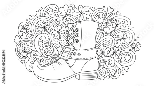 Leprechaun boot line art is surrounded by lucky four leaf clovers and festive swirl patterns designed for st patricks day coloring activities.