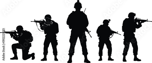 Military soldiers silhouette in tactical combat poses with rifles, representing defense forces, security readiness, counterterrorism operations, and battlefield protection concept illustration