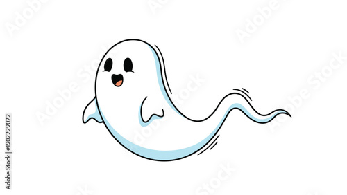 Adorable floating ghost cartoon with a long tail and a happy expression isolated on a clean white background for seasonal decor.