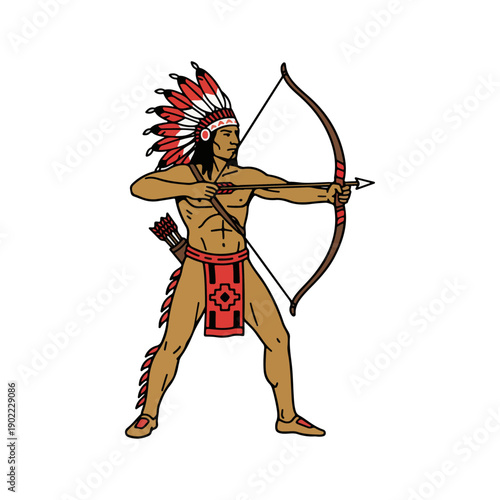 Native American Archer with Bow and Arrow.