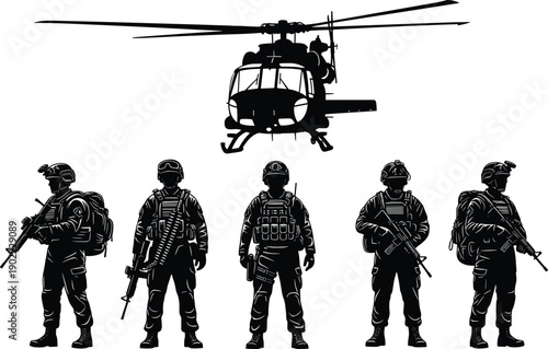 Military soldiers with helicopter silhouette representing airborne forces, combat readiness, tactical deployment, defense security, and special operation mission concept illustration