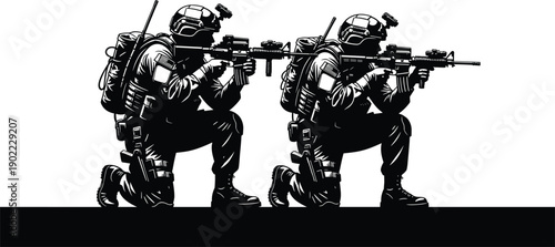 Special forces soldiers kneeling with rifles in tactical combat stance, military security operation, counterterrorism response, and defense training concept illustration