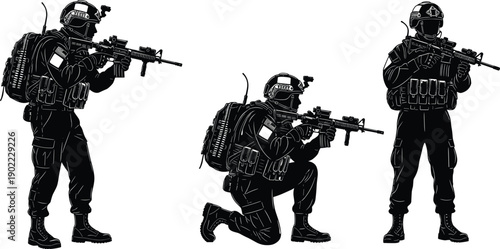 Special forces soldiers silhouette set in tactical combat poses with rifles, military security, counterterrorism operation, and defense training concept illustration