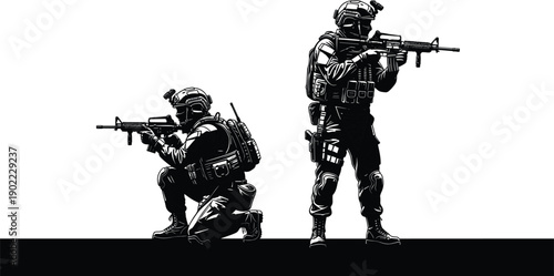 Tactical military soldiers in combat stance silhouette with rifles, representing security forces, defense readiness, counterterrorism action, and battlefield operation concept illustration