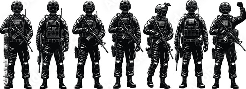 Tactical military soldiers lineup silhouette in full combat gear, security forces, counterterrorism readiness, defense strategy, and armed protection concept illustration