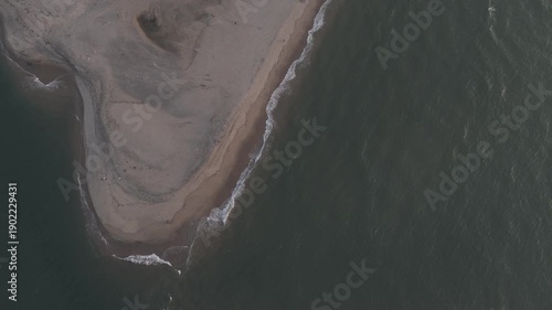 Aerial top-down abstract view of the Tiracol River meeting the ocean at Querim Beach, showing white sand, natural coastal patterns, and serene tropical shoreline illuminated by soft evening light