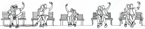 line art of a couple sitting on park bench taking a selfie together