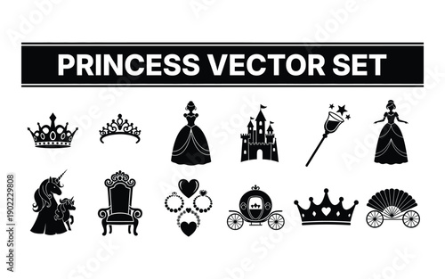 Royal illustrations featuring princess, crown, castle, scepter, throne