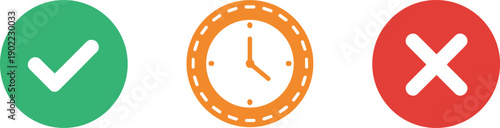 Check mark clock and X icons vector illustration, green approval, orange time scheduling, red error cancellation, colorful symbol design graphic