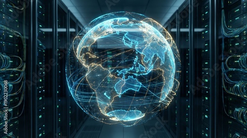 Digital earth globe floating in a sleek data center, symbolizing global connectivity, cloud computing and secure internet communication within modern server infrastructure