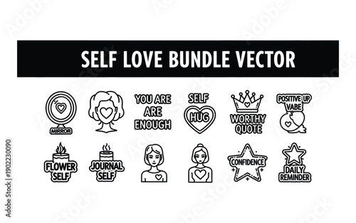 Vector icons representing self love and empowerment concepts in a bundle